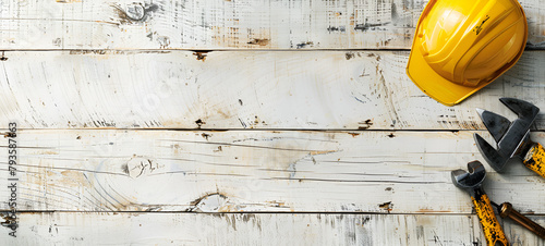 Rustic charm of a weathered white painted wooden surface with Labor Day is a federal holiday Safety Equipment' and Hand Tools for Home DIY Wooden Work on Table Wood Background Carpentry Utility. photo