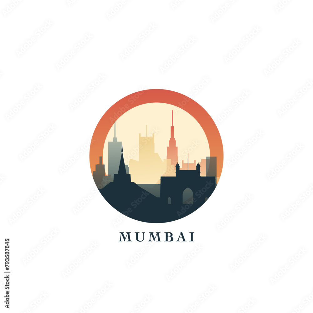 Mumbai cityscape, gradient vector badge, flat skyline logo, icon. India, Maharashtra state city round emblem idea with landmarks and building silhouettes. Isolated graphic Mumbai cityscape, gradient vector badge, flat skyline logo, icon. India, Maharashtra state city round emblem idea with landmarks and building silhouettes. Isolated graphic