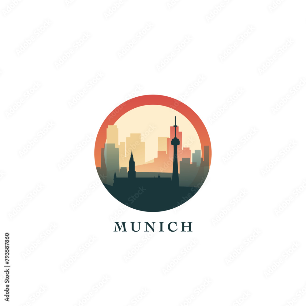 Munich cityscape, gradient vector badge, flat skyline logo, icon. Germany city round emblem idea with landmarks and building silhouettes. Isolated graphic
