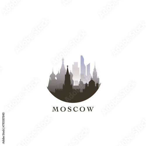 Moscow cityscape, gradient vector badge, flat skyline logo, icon. Russia capital city round emblem idea with landmarks and building silhouettes. Isolated graphic