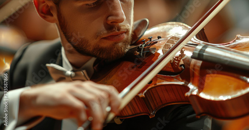 Close-up of a violinist's hands skillfully playing the violin 