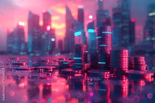 a stack of coins representing financial growth with a futuristic city skyline in the background