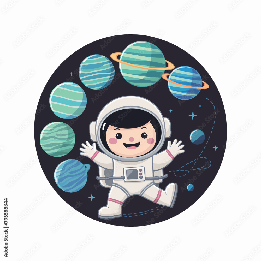 Naklejka premium Cute Astronaut Super Hero Flying Cartoon Illustration. Flat Cartoon Style