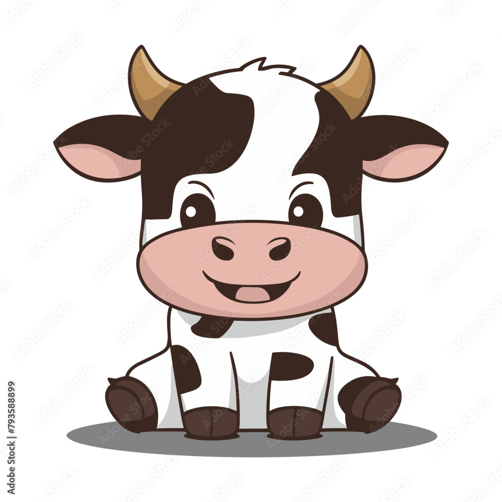 A flat cartoon illustration of a baby cow, illustration