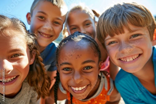 Portrait of smiling group of schoolchildren looking at camera on sunny day © Iigo