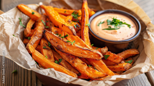 Golden-baked sweet potato fries garnished with chives, paired with a creamy dip