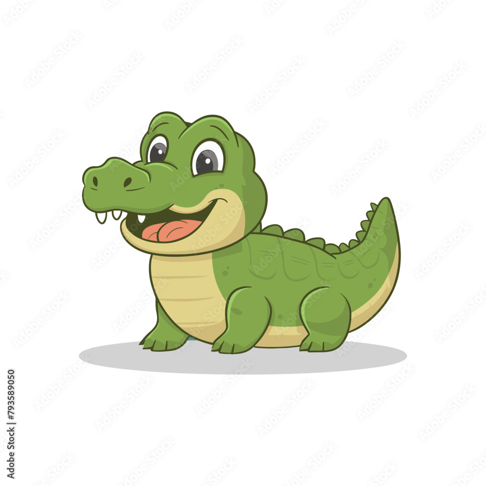 A flat cartoon illustration of a happy baby crocodile A flat cartoon illustration of a happy baby crocodile