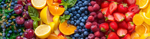 A stunning display of assorted fruits and vegetables arranged in a gradient of colors  resembling a vibrant rainbow  against a grey background with high-key lighting. 