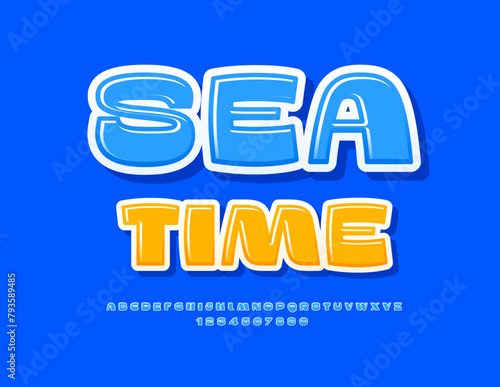 Vector advertising flyer Sea Time. Glossy Blue  Font. Trendy Stylish Alphabet Letters and Numbers set.