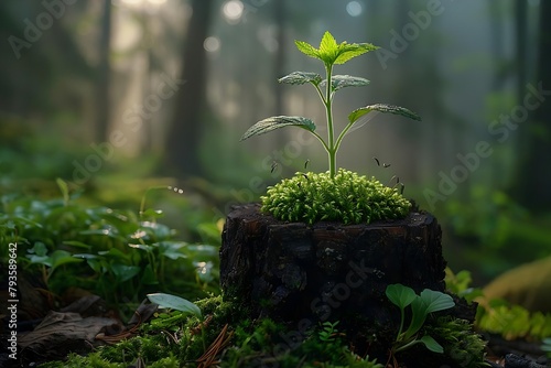 a young tree sprouting from an old stump in the heart of a mystical forest