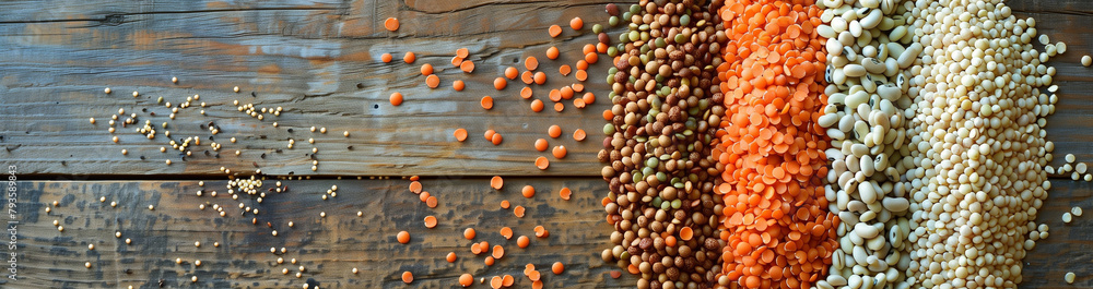 A diverse selection of grains and legumes, including nutritious lentils, hearty beans, fragrant rice, and wholesome quinoa, artfully arranged in a gradient from light to dark on a rustic wooden A diverse selection of grains and legumes, including nutritious lentils, hearty beans, fragrant rice, and wholesome quinoa, artfully arranged in a gradient from light to dark on a rustic wooden