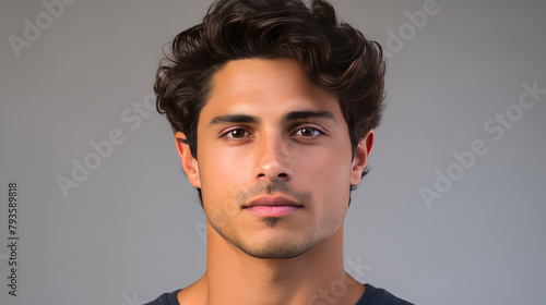 Portrait of an elegant sexy handsome serious Latino man with perfect skin, on a gray background.
