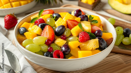 Bowl of colorful fruit salad with mango  pineapple  grapes  and berries