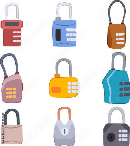 travel lock set cartoon. airport combination, pad backpack, suitcase vacation travel lock sign. isolated symbol vector illustration