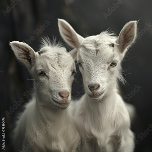 white Closeup of a baby mountain goat with its mother in a meadow isolated on dark background