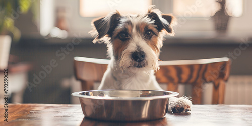 Jack Russell Terrier dog sits at a dinner table with a bowl of dry food Cute dog near bowl with dry food on color background.
