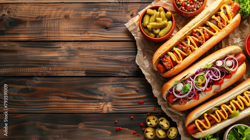 A wooden table displays an assortment of hot dogs covered in a variety of delicious toppings, flat lay. Copy space.