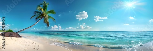 a tropical paradise, featuring a single, majestic palm tree leaning over a flawless white sandy beach.