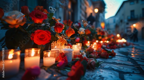 Fototapeta Naklejka Na Ścianę i Meble -  Roses and candles on wet street. Method of honoring the memory of victims of mass disasters