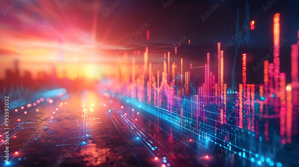 a futuristic stock market graph with glowing neon lines, candlestick charts, and fluctuating data points