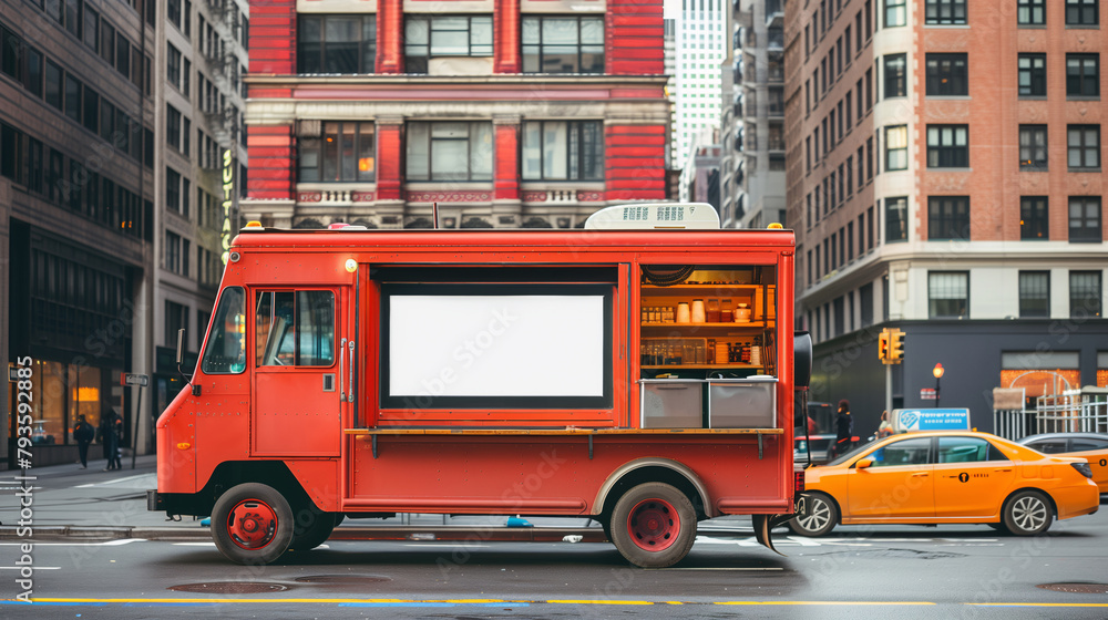 A red food truck with an open window with blank space for text at an empty advertise sign beside the car on a city background.