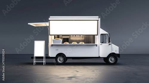 A white food truck with an open window with blank space for text at an empty advertise sign beside the car on a plain gray background.