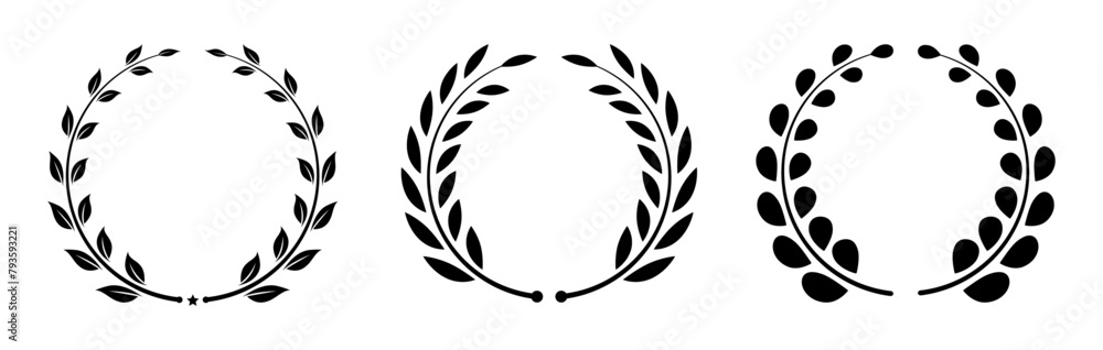 Leaf circle template design for logo set of three in black color. Winner chaplet. Laurel wreath silhouette icon set. Vintage olive leaves emblem. Circle tree branch success symbol. Vector illustration