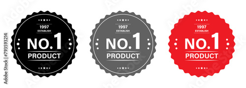 Number 1 product logo set in rounded zig zag style with stars in black, grey and red color. No 1 product logo template stamp set in circle with stars. Vector logo