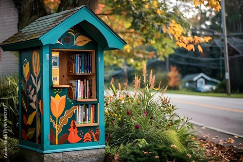 A blue book box with a floral design sits on the side of a road