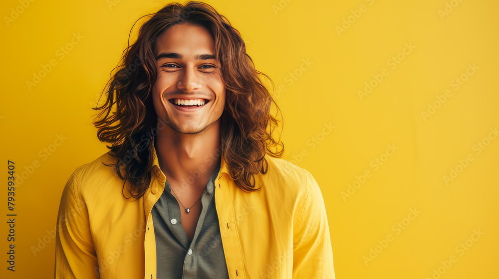 Portrait of an elegant sexy smiling Latino man with perfect skin and long hair, on a yellow background. Portrait of an elegant sexy smiling Latino man with perfect skin and long hair, on a yellow background.