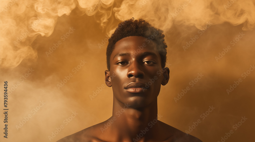 A young African american man with no shirt standing in front of billowing smoke. Copy space. Golden light. A young African american man with no shirt standing in front of billowing smoke. Copy space. Golden light.