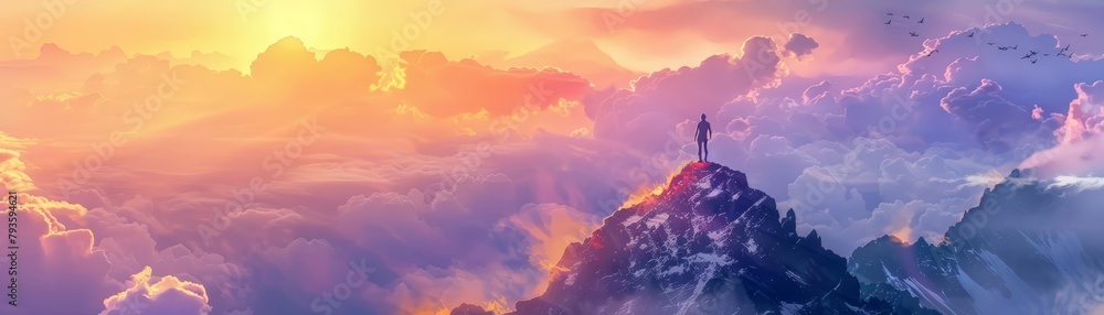 A cloud painter, perched on a mountain peak, captured the fleeting beauty of the sunrise with swift strokes of lavender and orange watercolor, the wind erasing each piece as quickly as it was created - obrazy, fototapety, plakaty 