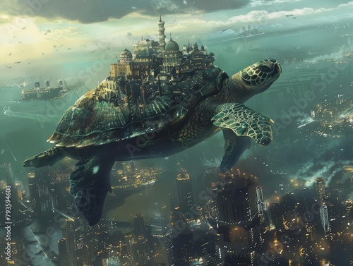 A city, built on the back of a giant, migrating turtle, lurched and swayed as the creature braved a colossal typhoon, its inhabitants clinging on for dear life