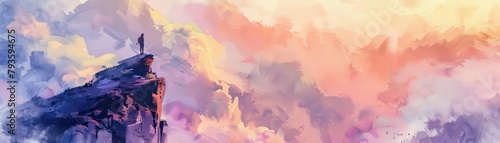 A cloud painter, perched on a mountain peak, captured the fleeting beauty of the sunrise with swift strokes of lavender and orange watercolor, the wind erasing each piece as quickly as it was created #793594675