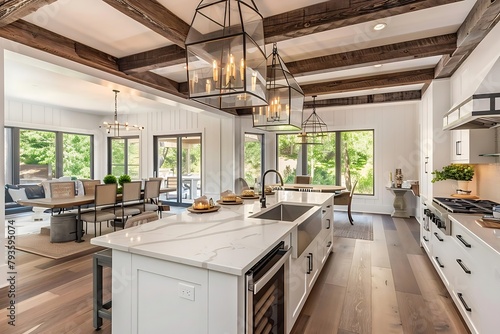 A large, open kitchen with a white island and a wine refrigerator