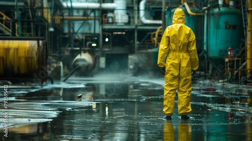 A person in a yellow chemical resistant suit stands in industrial plant.