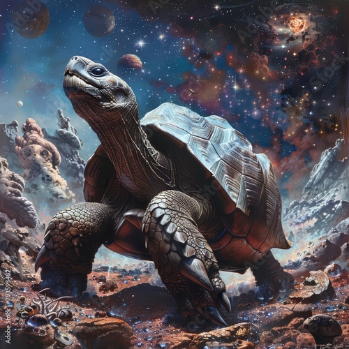 A giant tortoise, modified for cryogenic sleep, blasted off on a oneway mission to a distant star system, carrying a frozen zoo of Earths endangered species for a potential regenesis project photo