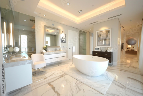 White master bedroom with a luxurious spa-like en suite bathroom  freestanding tub  and dual vanities.