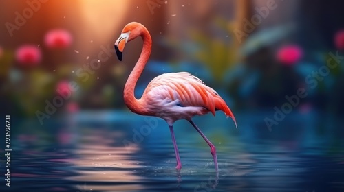 Flamingo Stand in The Water With Beautiful blur Background Nature  Wallpaper.