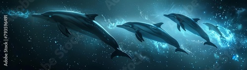 A pod of bioluminescent dolphins, their glowing bodies a beacon in the darkness, were sent on a deepspace mission to search for other forms of intelligent life in the universe photo