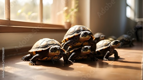 :A group of tiny turtles crawling over each other beneath warm sunlight near an open window,in the hallway.--