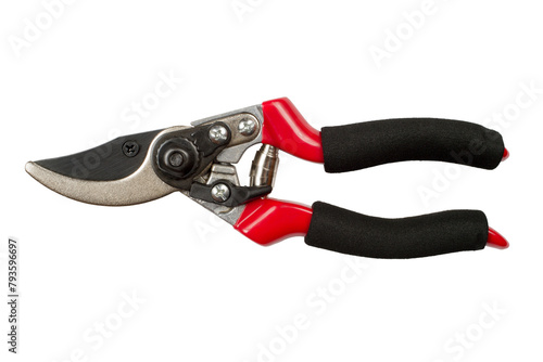 Modern garden pruning shears on a white background. The pruning shears isolated.