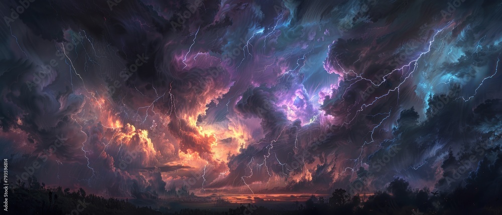 Dramatic lightning cloud storm over the sky - obrazy, fototapety, plakaty 