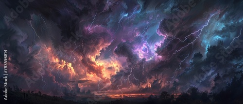Dramatic lightning cloud storm over the sky
