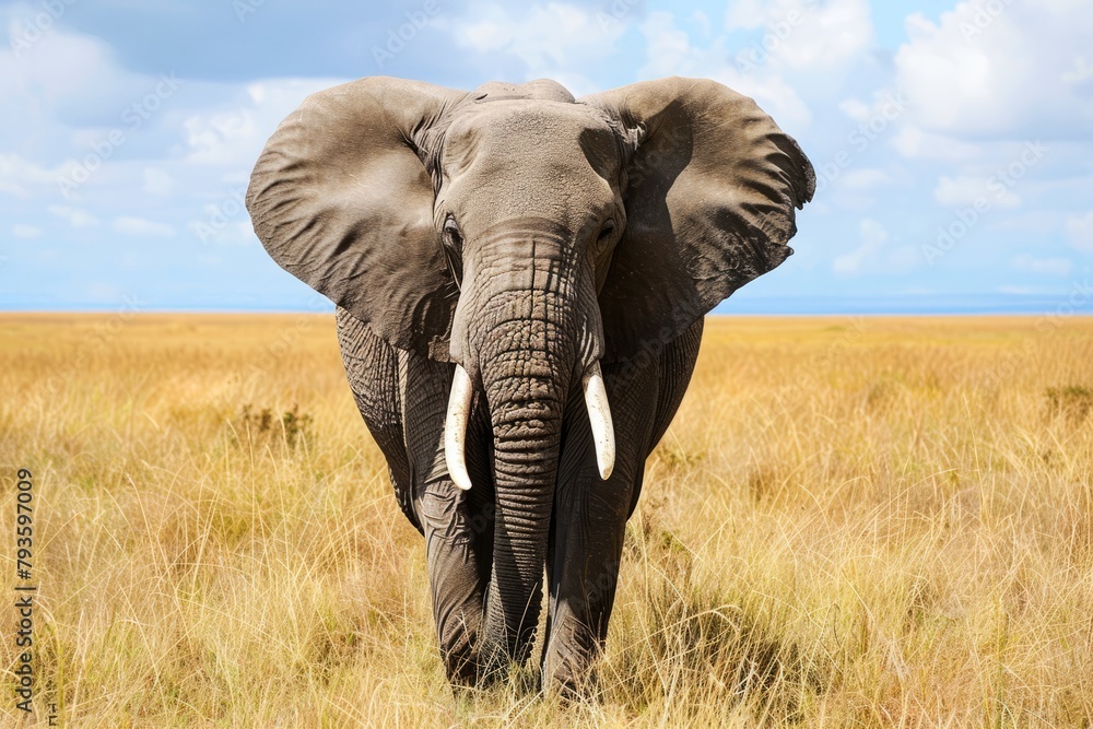 Fototapeta premium Majestic African Elephant Roaming Freely in a Golden Savannah at Dusk