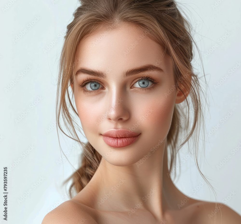 A young and beautiful woman with clean, healthy skin on a white background.