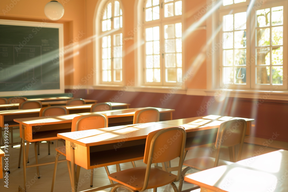 A bright, organized classroom with empty chairs neatly tucked under desks, a clean chalkboard, and sunlight streaming through the windows.