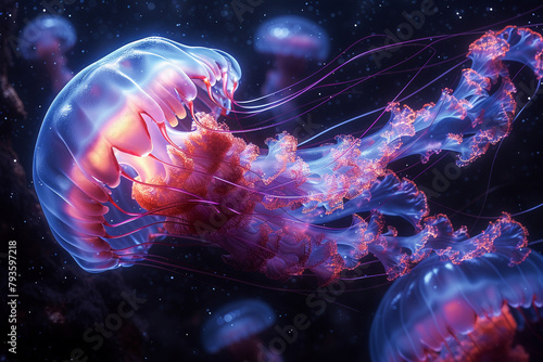 Wallpaper Mural Luminescent Jellyfish Gracefully Drifting in the Deep Blue Ocean at Twilight Torontodigital.ca