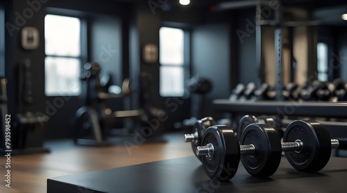 Black desk of free space for your decoration and blurred gym interior.Metal dumbbells and fit life.generative.ai  photo