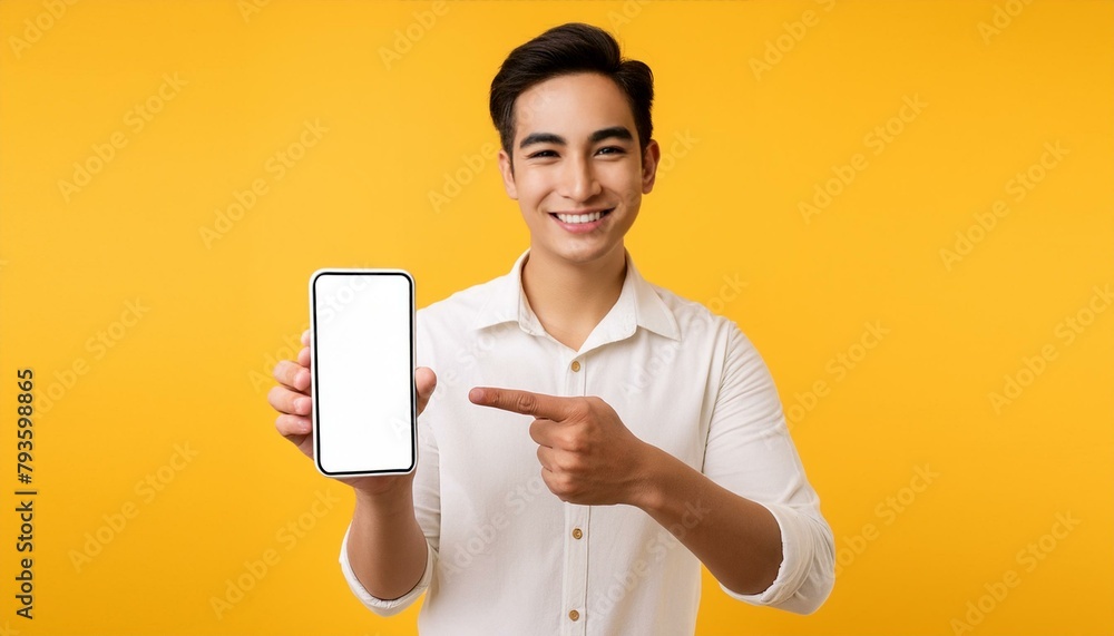 Asian Man's Hand Pointing at Empty Smartphone Screen on Yellow Background: Cellphone Display Mockup for Mobile App Advertisement Asian Man's Hand Pointing at Empty Smartphone Screen on Yellow Background: Cellphone Display Mockup for Mobile App Advertisement